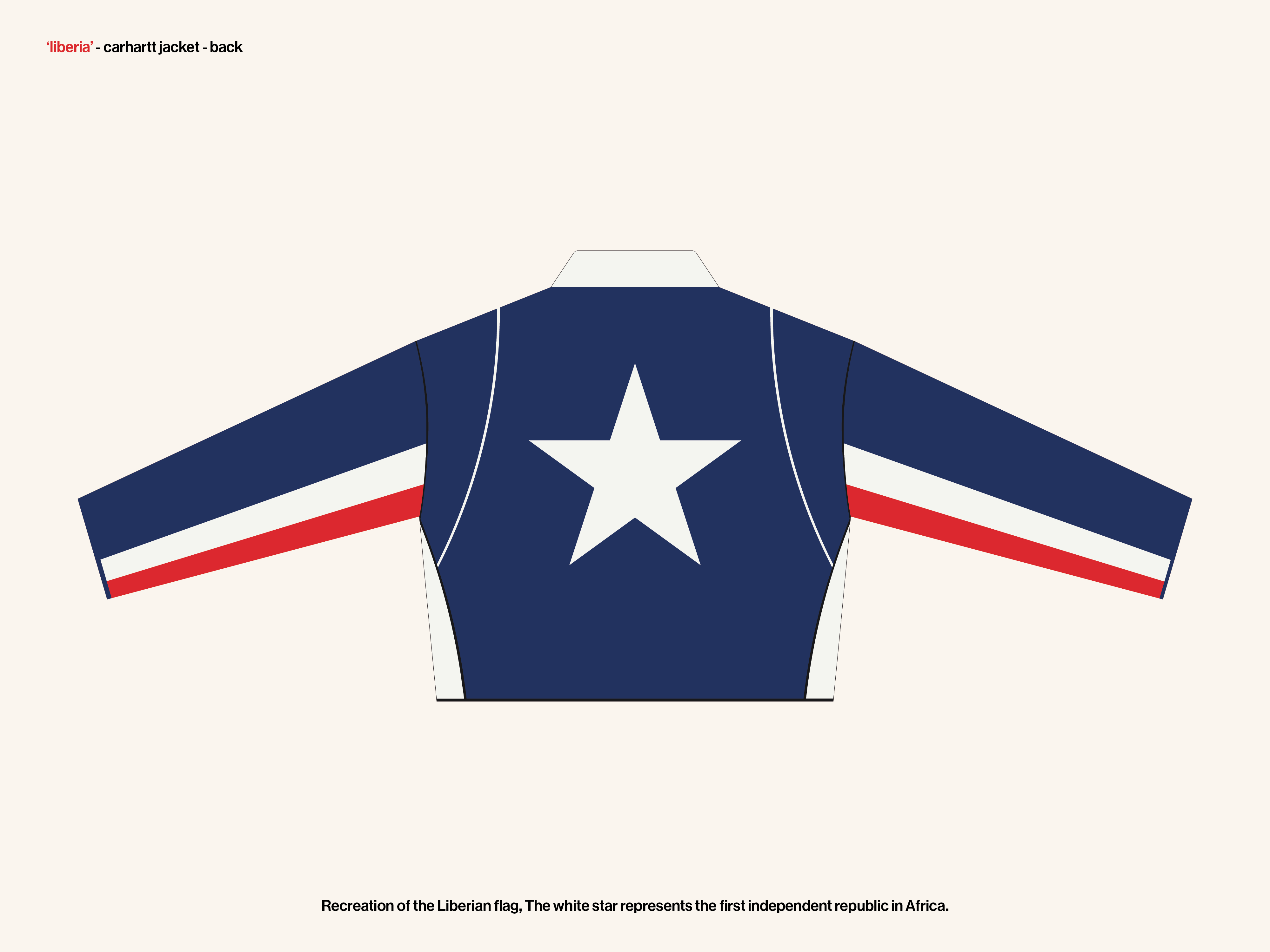 back view of the Liberia Jacket showing the white star logo on the back representing the Liberian flag